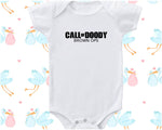 a white bodysuit with the words call of doody brown ups on it