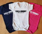 three baby onesuits that say call of doody brown ops