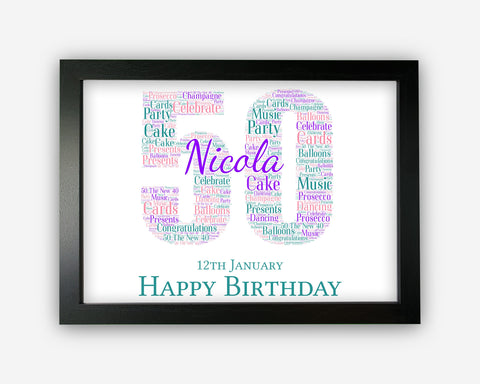 Personalised 50th Birthday Gifts Word Art Wall Print - For Women Gifts Wall Decor Custom Word Cloud Wall Art A3 A4 A5 8x10 Print SC0169