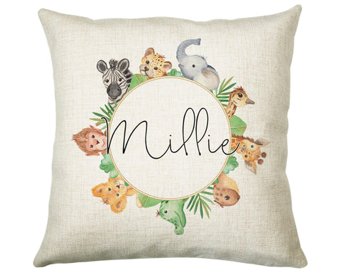 Personalised Safari Animals Cushion Gift Printed Name Design