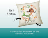 Personalised Brunette Mermaid Cushion Gift Printed Name Design