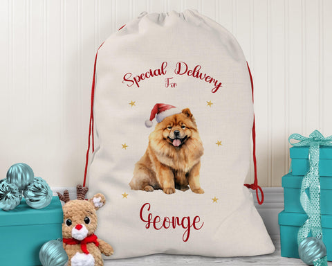 Personalised Chow Chow Large Christmas Sack - Red Drawstring Bag for Xmas Presents - Christmas Eve Bag Box Decoration for Dogs XS086