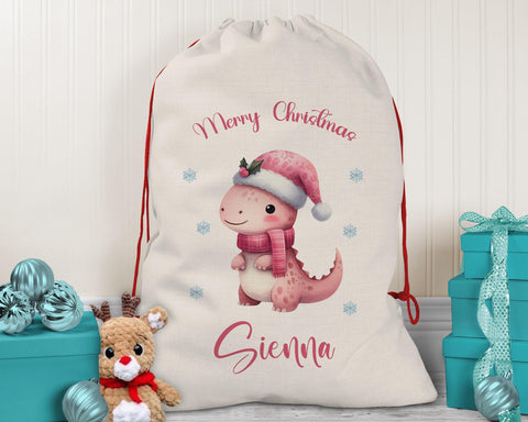 Personalised Christmas Sack - Santa Sack for Kids Presents Xmas Cute Dinosaur Design Stocking Christmas Eve Bag Box for Girls & Boys XS042