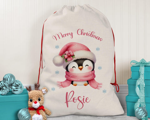 Personalised Christmas Sack - Santa Sack for Kids Presents Xmas Cute Penguin Design Stocking Christmas Eve Bag Box for Girls & Boys XS044