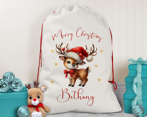 Personalised Christmas Sack - Santa Sack for Kids Presents Xmas Reindeer Santa Hat Design Stocking Christmas Eve Bag for Girls & Boys XS014