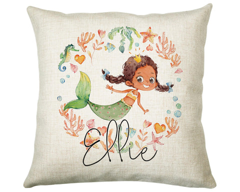 Personalised Brunette Mermaid Cushion Gift Printed Name Design