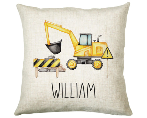 Personalised Digger Cushion Gift Boys Bedroom Printed Name Design