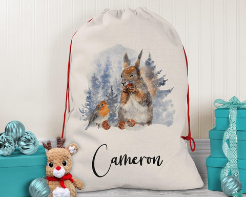 Large Personalised Robin and Squirrel Christmas Sack SK073