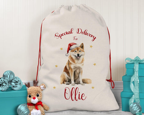 Personalised Akita Inu Large Christmas Sack - Red Drawstring Bag for Xmas Presents - Christmas Eve Bag Box Decoration for Dogs XS066