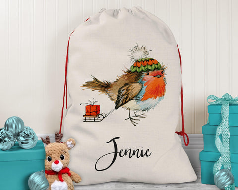 Large Personalised Robin Sledge Christmas Sack SK051