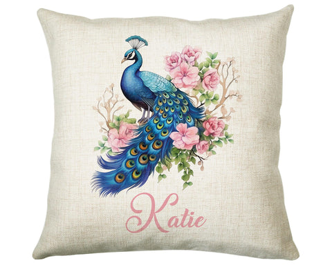 Personalised Peacock Gift Cushion Printed Name Design