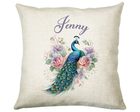 Personalised Peacock Gift Cushion Printed Name Design