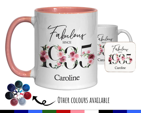 90th Birthday Gift for Women - Fabulous Since 1935 Personalised Coffee Mug Coaster 90 Gift for Her - Ladies Floral Design Nan Gran BNC90M