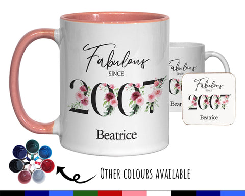 18th Birthday Gift for Her - Fabulous Since 2007 Personalised Coffee Mug Coaster Age 60 Gift for Women Ladies Floral Design Daughter BNC18M