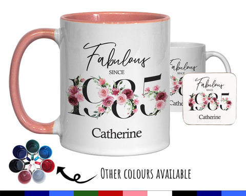 40th Birthday Gift for Women - Fabulous Since 1985 Personalised Coffee Mug Coaster Age 40 Gift for Her - Ladies Floral Design Mum Nan BNC40M