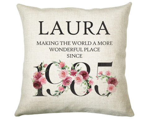 40th Birthday Gift for Women - Personalised 1985 Birthday Cushion Age 40 Gift for Her Ladies Floral Design Mum Daughter Sister Forty BND40C