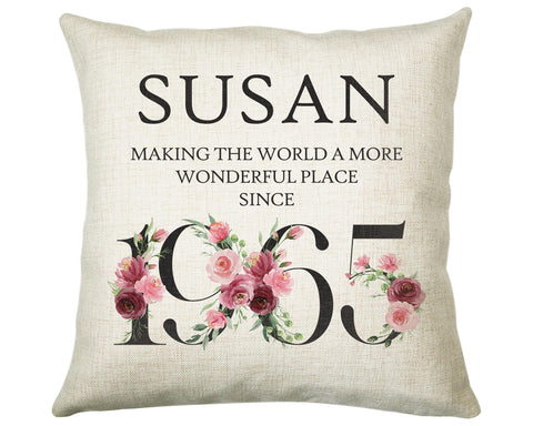 60th Birthday Gift for Women - Personalised 1965 Birthday Cushion Age 60 Gift for Her - Ladies Floral Age Design Mum Nan Gran Sixty BND60C