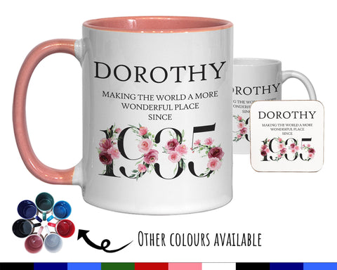 90th Birthday Gift for Women - Wonderful Since 1935 Personalised Coffee Mug Coaster 90 Gift for Her - Ladies Floral Design Nan Gran BND90M