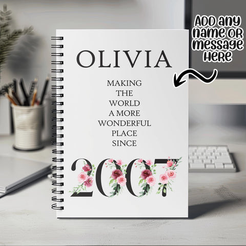 18th Birthday Gift for Her - Personalised Birthday Notebook 2007 Gift for Women - Ladies Floral Design Daughter Sister Eighteen BND18NB