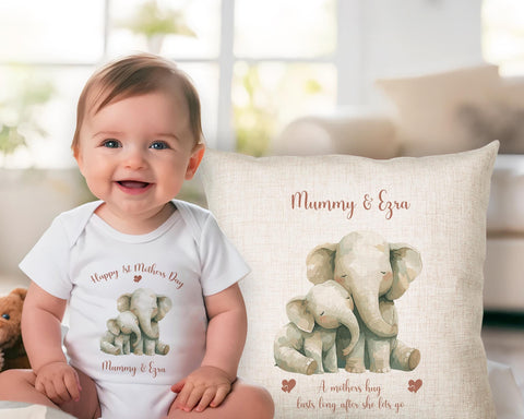 First Mothers Day Gift Personalised Present - Elephant Design Babygrow Tee Vest Gift for New Mum Gift from Baby - Matching Cushion SMC008