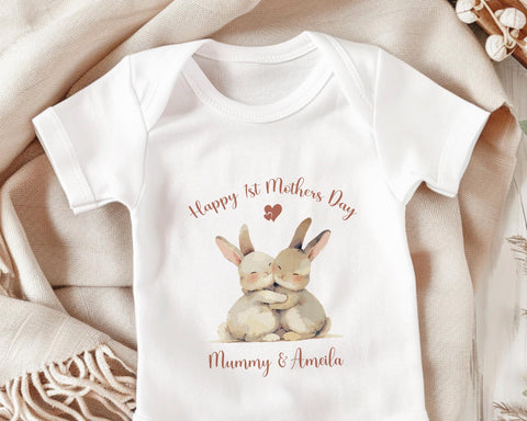 First Mothers Day Gift Personalised Present - Cute Bunny Rabbit Design Babygrow Tee Vest Gift for Mum Animals - Matching Cushion SMC006