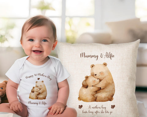 First Mothers Day Gift Personalised Present - Cuddle Bears Design Babygrow Tee Gift for Mum - Watercolour Animals Matching Cushion SMC005