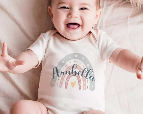 Personalised Baby Gift - Rainbow Name Design - Boho Pastel Colours Babygrow Vest Gift For New Mum Baby Shower Baby Birth Gift GMC002