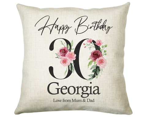 30th Birthday Gift for Women Personalised Happy Birthday Cushion Age 30 Gift for Her Ladies Floral Design Mum Daughter Sister Thirty BNA40C