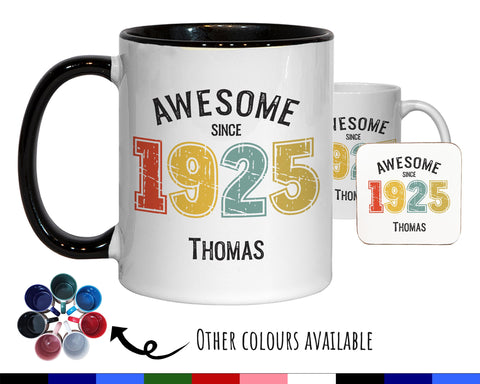 100th Birthday Gift for Men - Awesome Since 1925 Personalised Coffee Mug Coaster Age 100 Gift for Him - Retro Number Design Grandad BNG100M