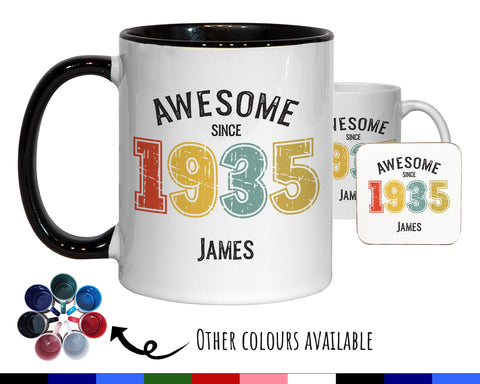 90th Birthday Gift for Men - Awesome Since 1935 Personalised Coffee Mug Coaster Age 90 Gift for Him - Retro Number Design Grandad Dad BNG90M