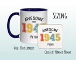 80th Birthday Gift for Men - Awesome Since 1945 Personalised Coffee Mug Coaster Age 80 Gift for Him - Retro Number Design Dad Grandad BNG80M