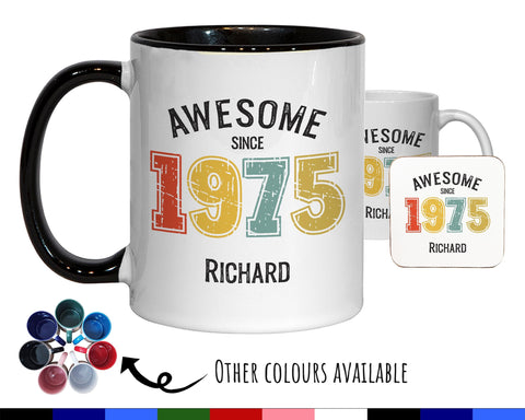 50th Birthday Gift for Men - Awesome Since 1975 Personalised Coffee Mug Coaster Age 50 Gift for Him - Retro Number Design Dad Brother BNG50M