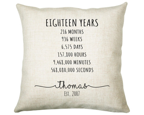 18th Birthday Gift for Men - Personalised Birthday Cushion Age 18 Gift for Him Mens Years Months Weeks Design - Son Brother Eighteen BNE18C