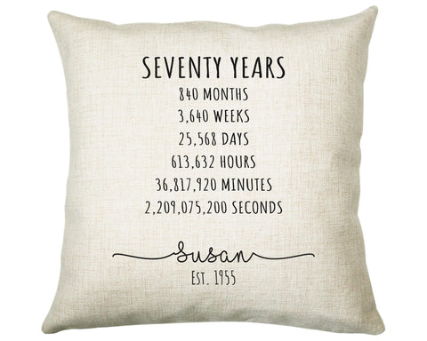 70th Birthday Gift for Women - Personalised Birthday Cushion Age 70 Gift for Her Ladies Years Months Weeks Design Mum Nan Seventy BNE70C