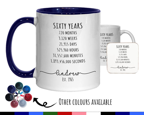 60th Birthday Gift for Men - Personalised Birthday Coffee Mug Coaster Age 60 Gift for Him Mens Lifetime Design Son Dad Grandad Sixty BNG60M