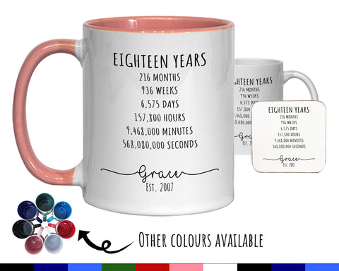 18th Birthday Gift for Her - Personalised Birthday Coffee Mug Coaster Age 18 Gift for Women Lifetime Design Daughter Sister Eighteen BNG18M