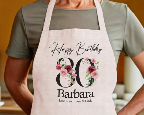 80th Birthday Gift for Women - Personalised Apron Happy Birthday Age 80 Gift for Her - Ladies Floral Design Mum Nan Gran Eighty BNA80AP