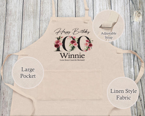 100th Birthday Gift for Women - Personalised Apron Happy Birthday Age 100 Gift for Her - Ladies Floral Design Mum Nan Gran Hundred BNA100AP