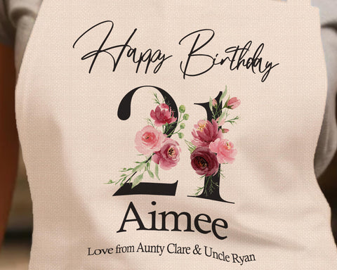 21st Birthday Gift for Women - Personalised Apron Happy Birthday Age 21 Gift for Her - Ladies Floral Design Granddaughter Twenty One BNA21AP