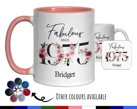 50th Birthday Gift for Women - Fabulous Since 1975 Personalised Coffee Mug Coaster Age 50 Gift for Her - Ladies Floral Design Mum BNC50M