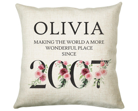 18th Birthday Gift for Women - Personalised 2007 Birthday Cushion Age 18 Gift for Her Ladies Floral Design Daughter Sister Eighteen BND18C