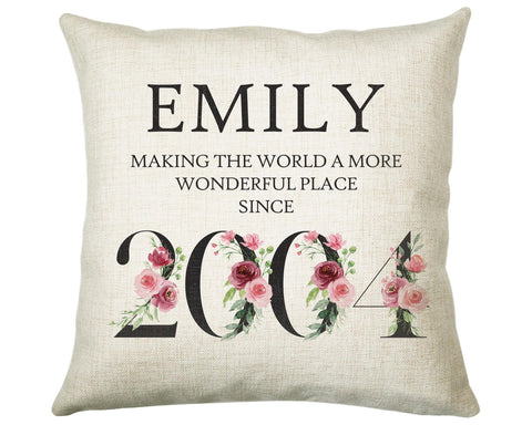 21st Birthday Gift for Women - Personalised 2004 Birthday Cushion Age 21 Gift for Her Lady Floral Design Daughter Sister Twenty One BND21C