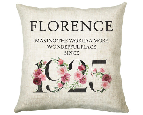 100th Birthday Gift for Women - Personalised 1925 Birthday Cushion Age 100 Gift for Her - Ladies Floral Design Mum Nan Gran Hundred BND100C