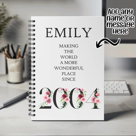 21st Birthday Gift for Her - Personalised Birthday Notebook 2004 Gift for Women - Ladies Floral Design Daughter Sister Twenty One BND21NB