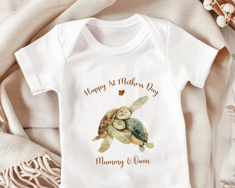 First Mothers Day Gift Personalised Present - Turtle Design Babygrow Tee Vest Gift for New Mum Gift from Baby Print Matching Cushion SMC009