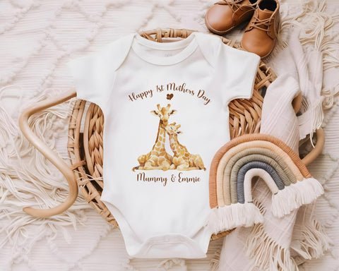 First Mothers Day Gift Personalised Present - Giraffe Design Babygrow Tee Vest Gift for Watercolour Wild Animals - Matching Cushion SMC007