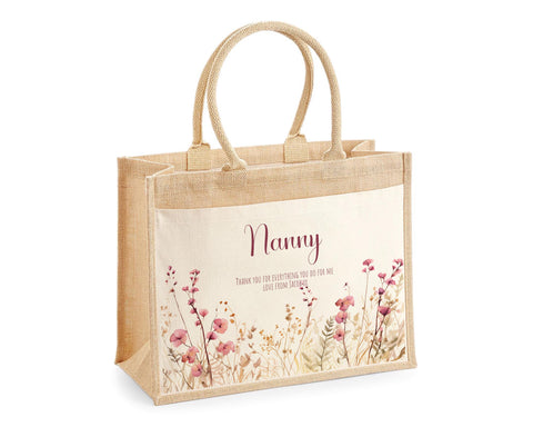 Nanny Gift Personalised Jute Bag - Floral Tote Bag Gift for Grandma Nan - Custom Shopping Market Bag - Nanny Bag for Nans Birthday BT003