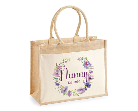 Nanny Gift Personalised Jute Bag - Floral Tote Bag Gift for Grandma Nan - Custom Shopping Market Bag - Nanny Bag for Nans Birthday BT006