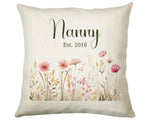 Nanny Gift Cushion - Personalised Scatter Cushion Pillow for Her Women - Wild Flower Design with Custom Name Gift for Nan Mothers Day BC001