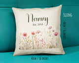 Nanny Gift Cushion - Personalised Scatter Cushion Pillow for Her Women - Wild Flower Design with Custom Name Gift for Nan Mothers Day BC001